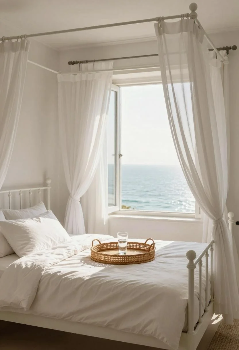 White iron canopy bed with cream cotton layers and billowing sheer curtains in morning sun