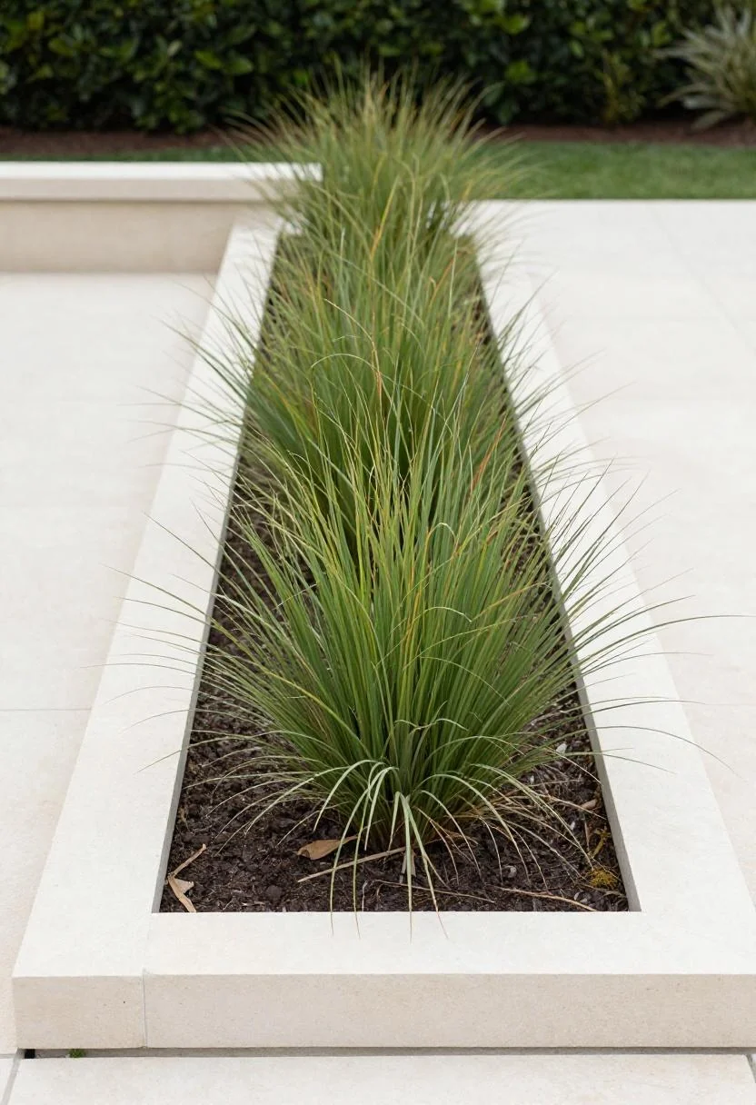 Clean limestone block edging bordering a modern rectangular flower bed at midday