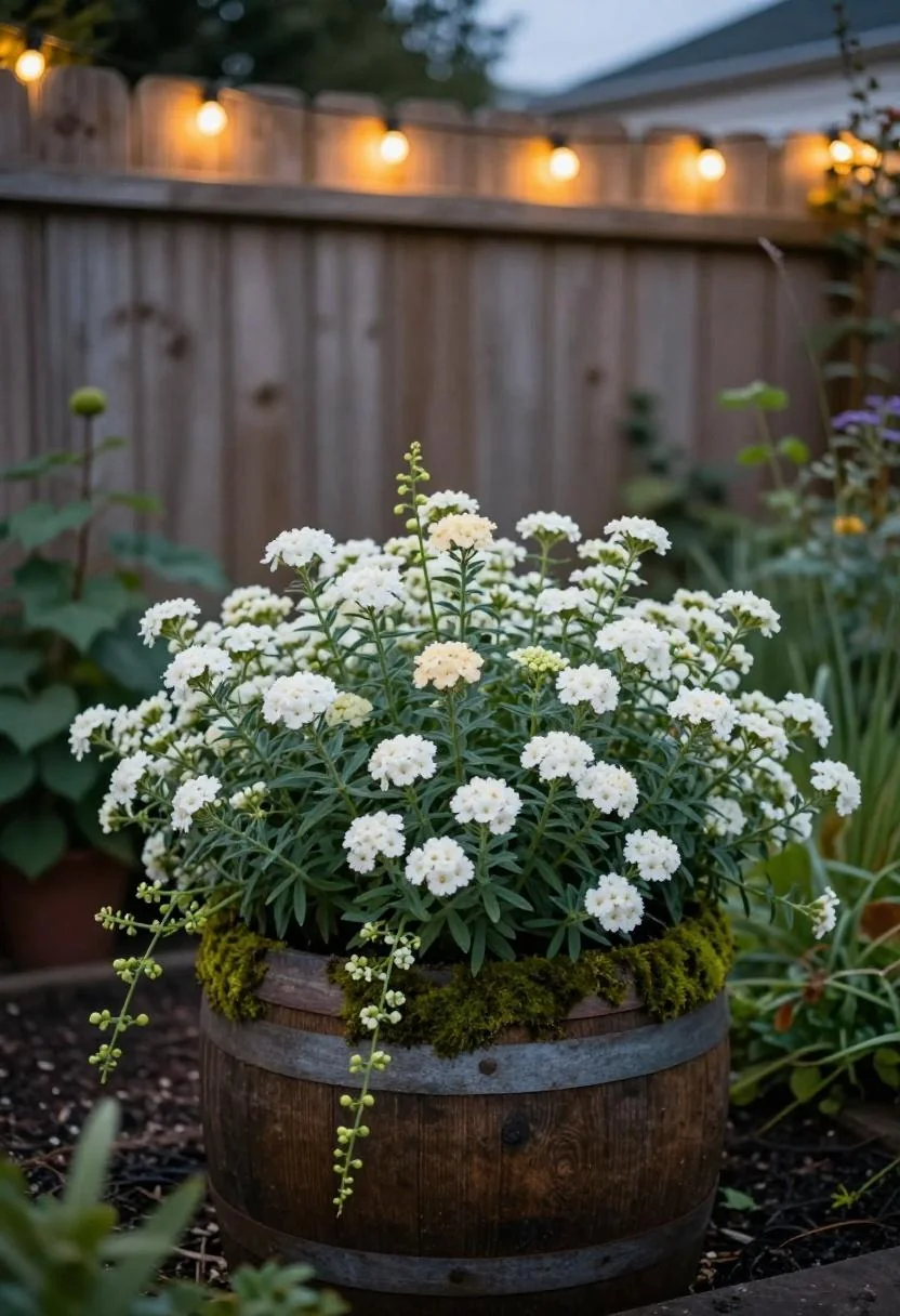 Cream white sweet alyssum draping over a moss-covered oak half barrel against a cottage garden fence at dusk