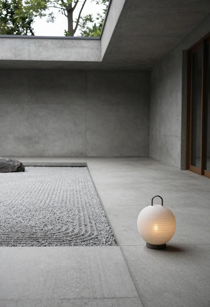 Zen concrete patio with raked gravel and cream ceramic lantern in soft overcast light