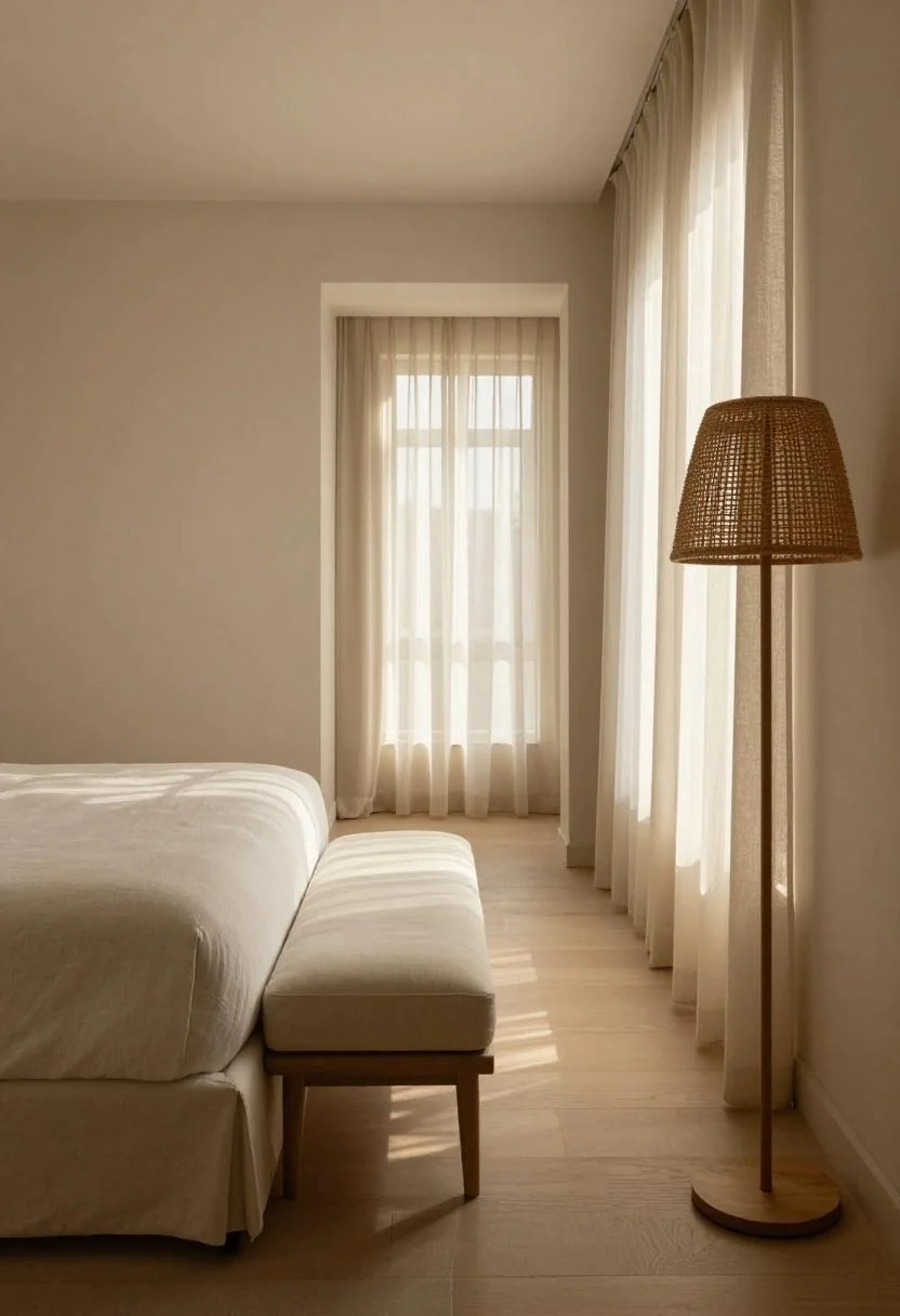 A cream cashmere bench and rattan lamp defining a serene light-filled passage in a luxe master suite