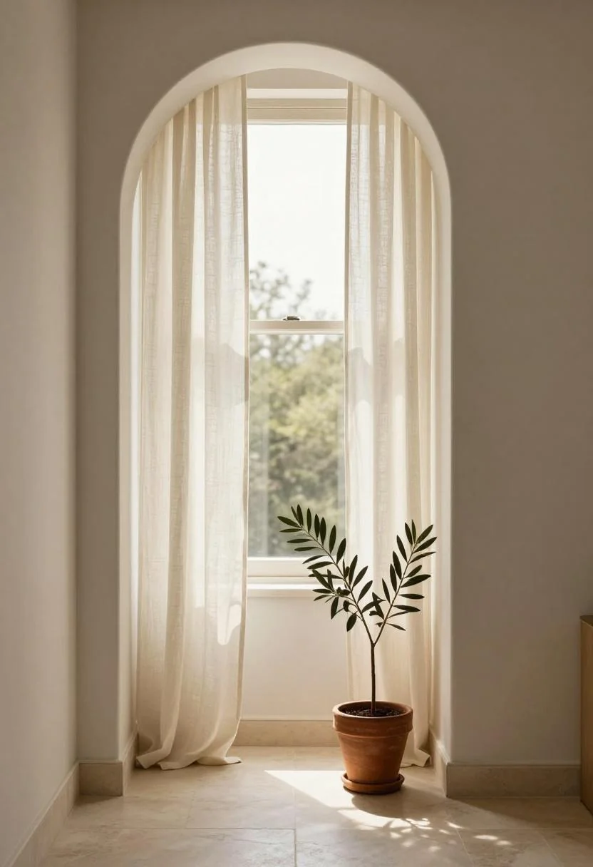 Cream linen curtain and olive branch in a sunlit Italian-style living room corridor