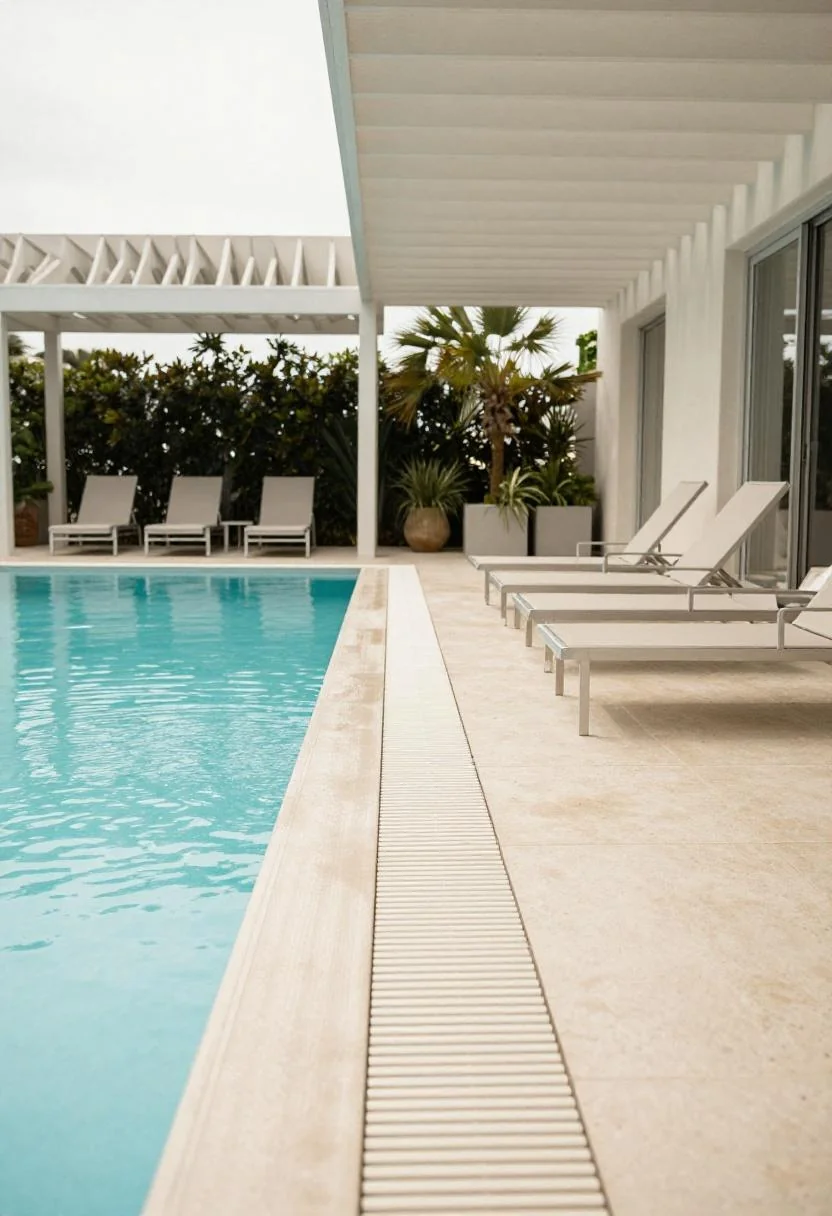 Cream rubber pavers and aluminium loungers on a modern pool deck under pergola shade