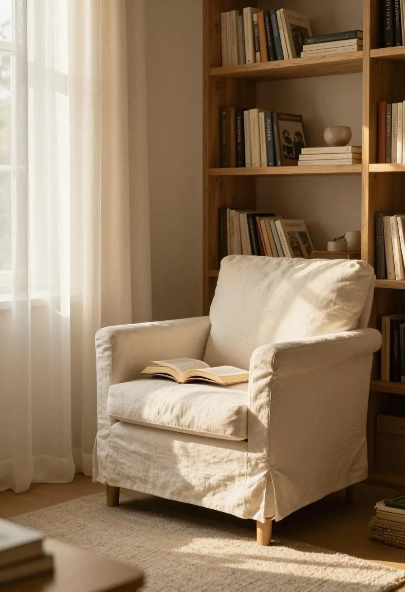 Cream white linen armchair nestled into a pine corner bookshelf with stacked books