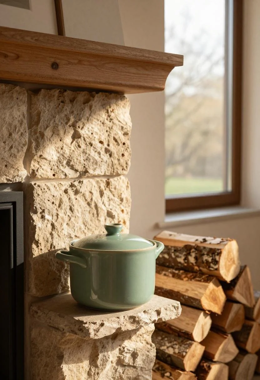 Sage green ceramic pot beside a birchwood log stack at a stone fireplace