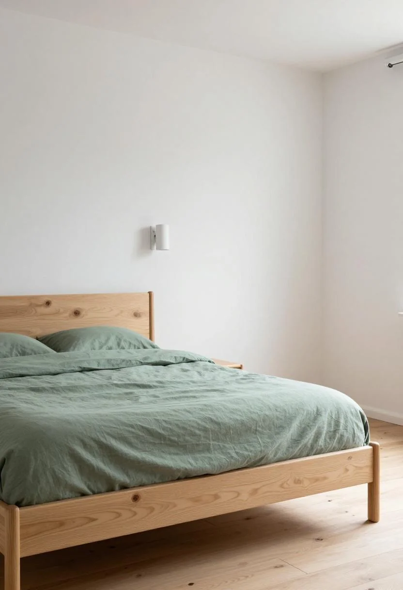 Birch bed with sage green linen and a minimal wall sconce in even overcast light