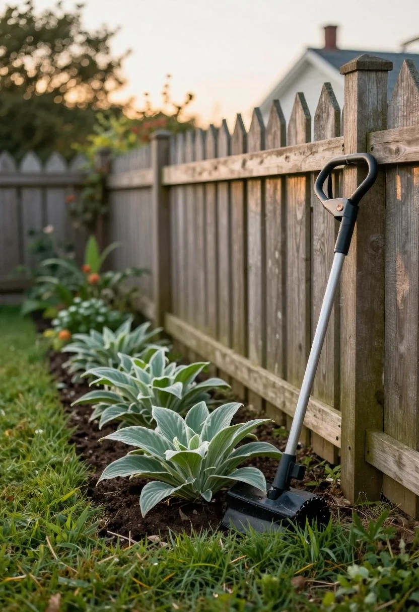 Manual rotary edger resting beside a freshly cut garden trench at dusk