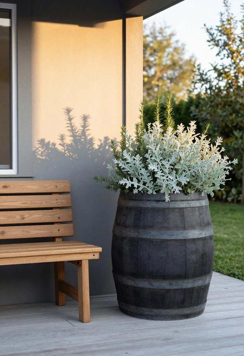 Sage green dusty miller and rosemary filling a charcoal-stained pine half barrel on a modern teak deck
