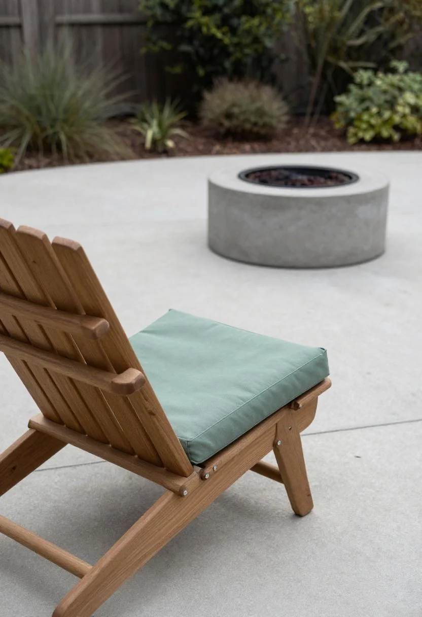Eucalyptus Adirondack chair with sage cushion beside a concrete fire pit on a morning patio