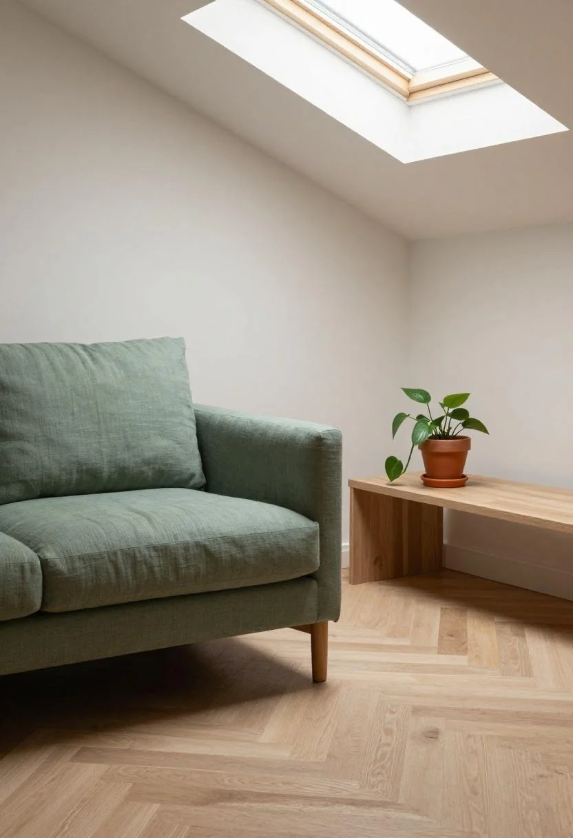 A sage green linen chair with trailing pothos on an oak nightstand creating a calm organic master suite corner