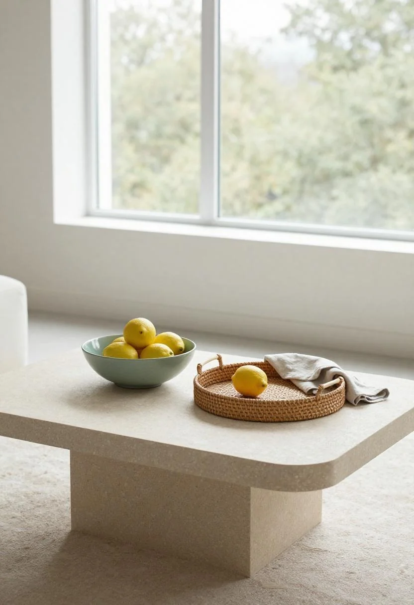 Sage green ceramic bowl of lemons on a travertine coffee table in soft overcast daylight
