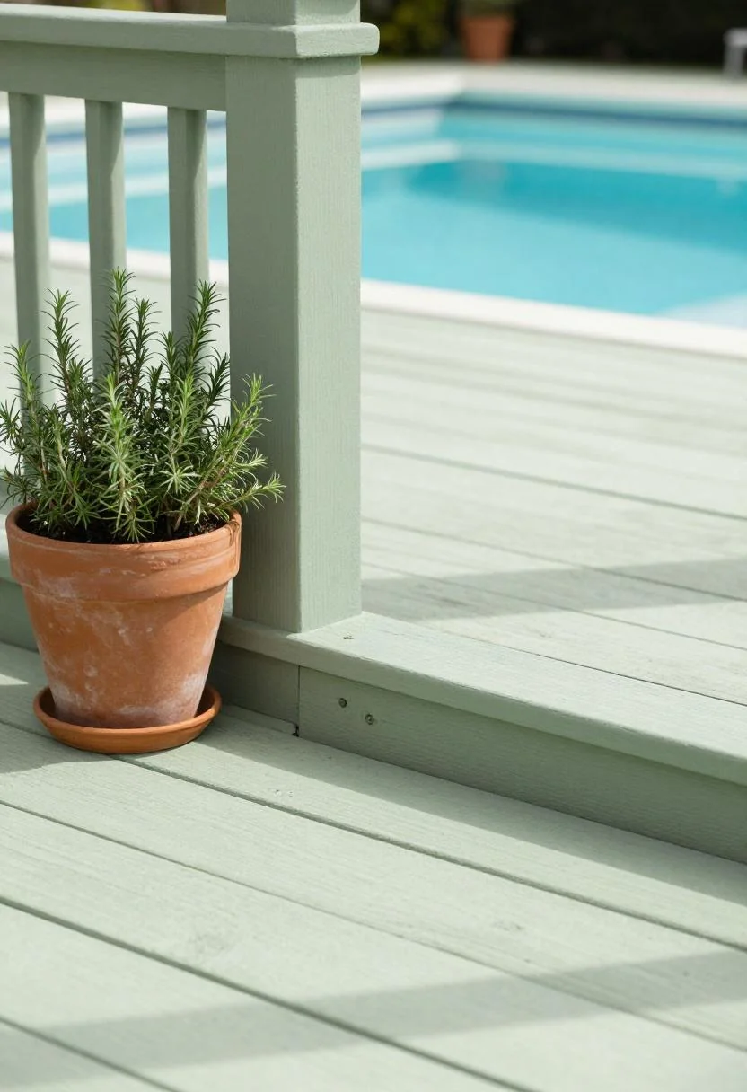 Sage painted pine deck boards and a rosemary-filled terracotta pot in cottage morning light