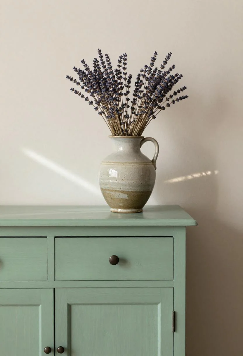 Sage green wooden sideboard with dried lavender arranged in a rustic stoneware jug
