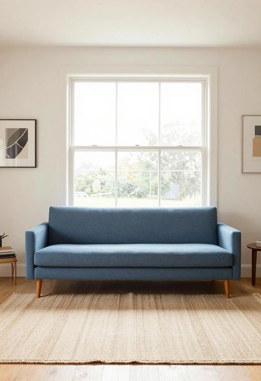 Cool blue mohair sofa on walnut legs centered on a wool rug in morning light