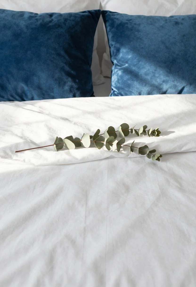 Overhead view of white cotton bedding with symmetric cool blue velvet cushions