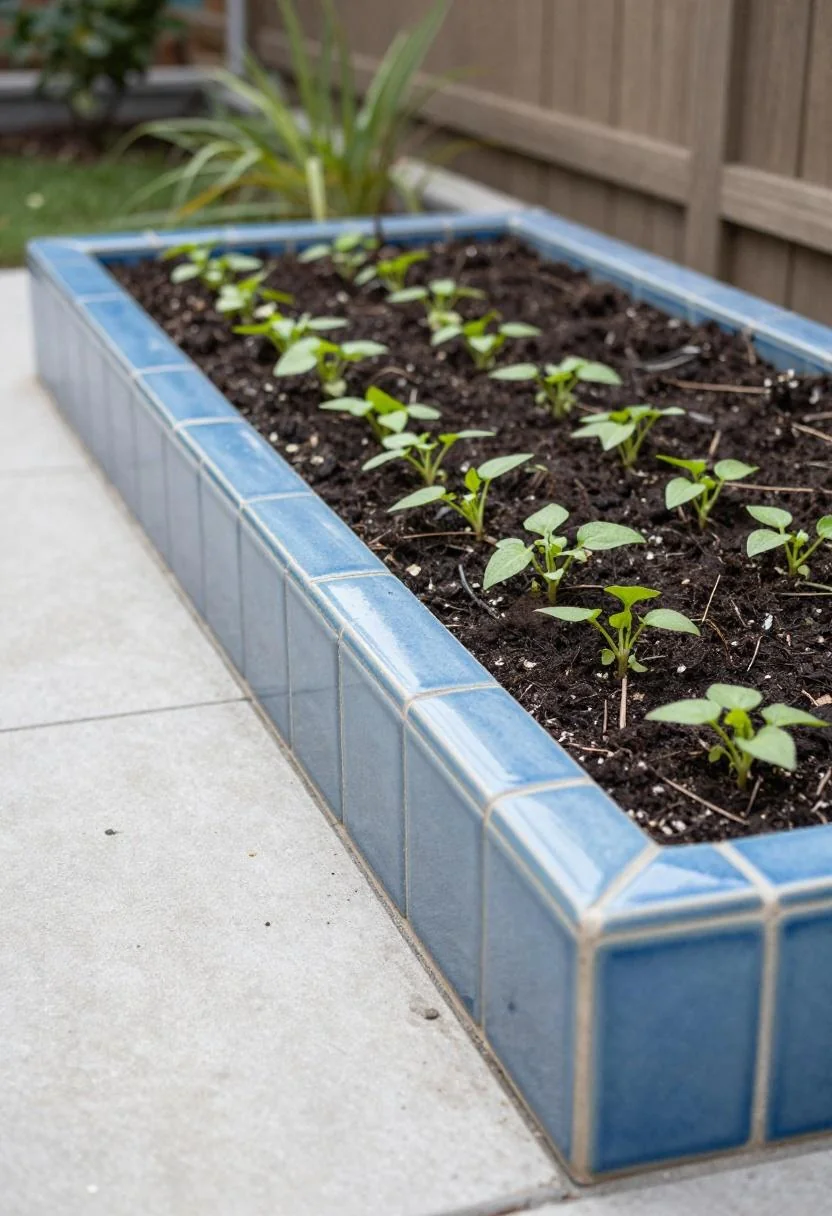 Cool-blue ceramic tiles curving along a raised deck garden bed edge from above