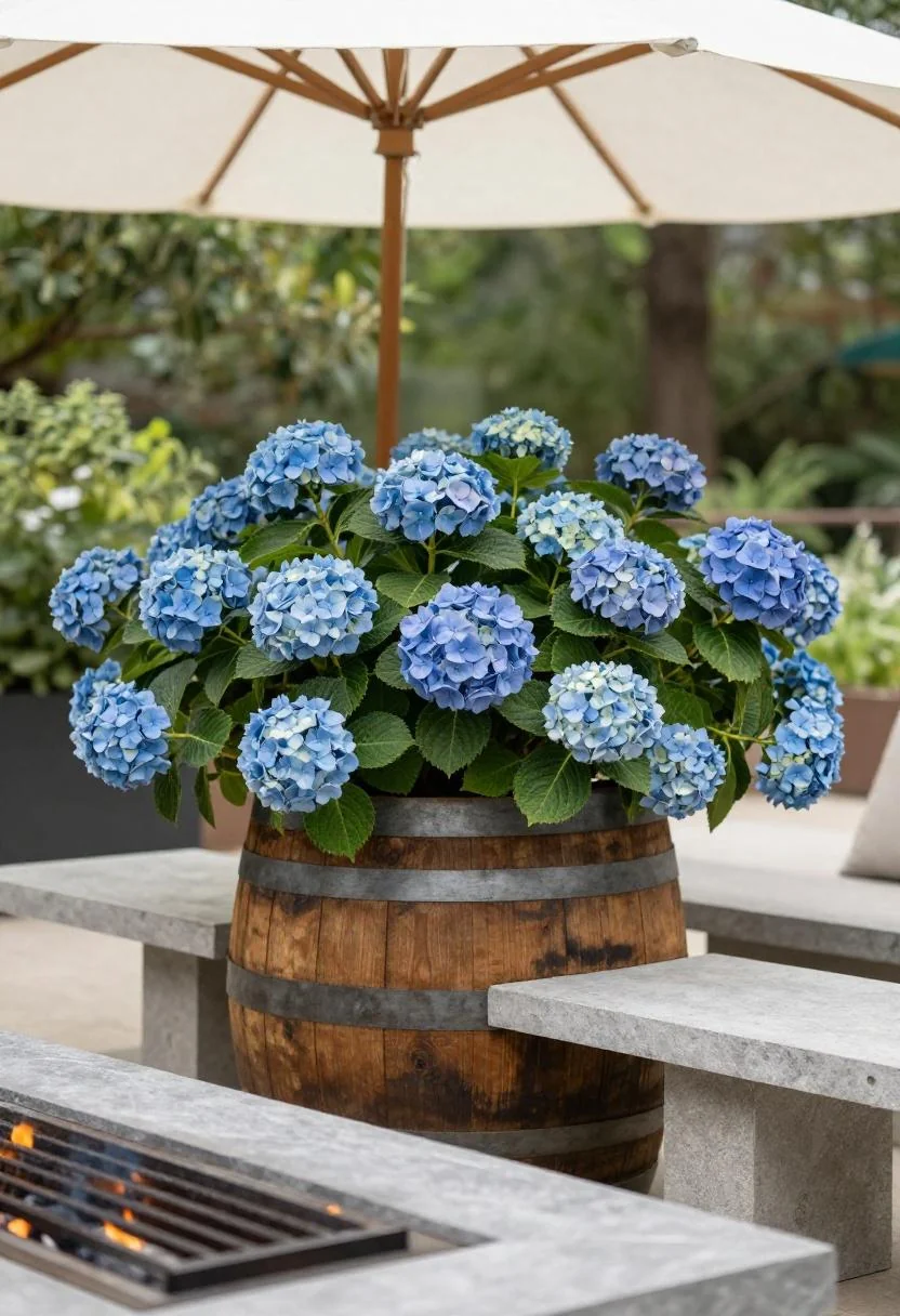 Cool blue hydrangeas spilling from a weathered oak half barrel beside a fire pit seating area