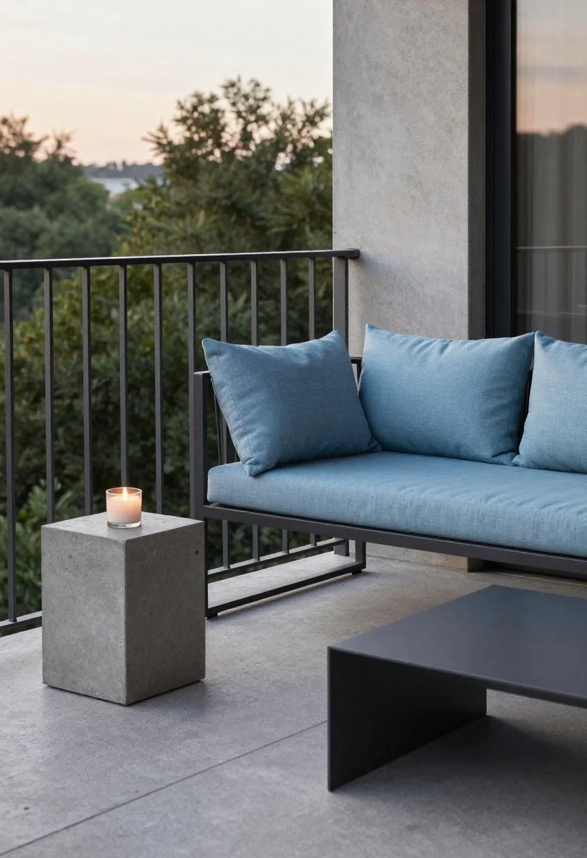 Steel sofa with cool-blue cushions and concrete side table on a modern balcony at dusk