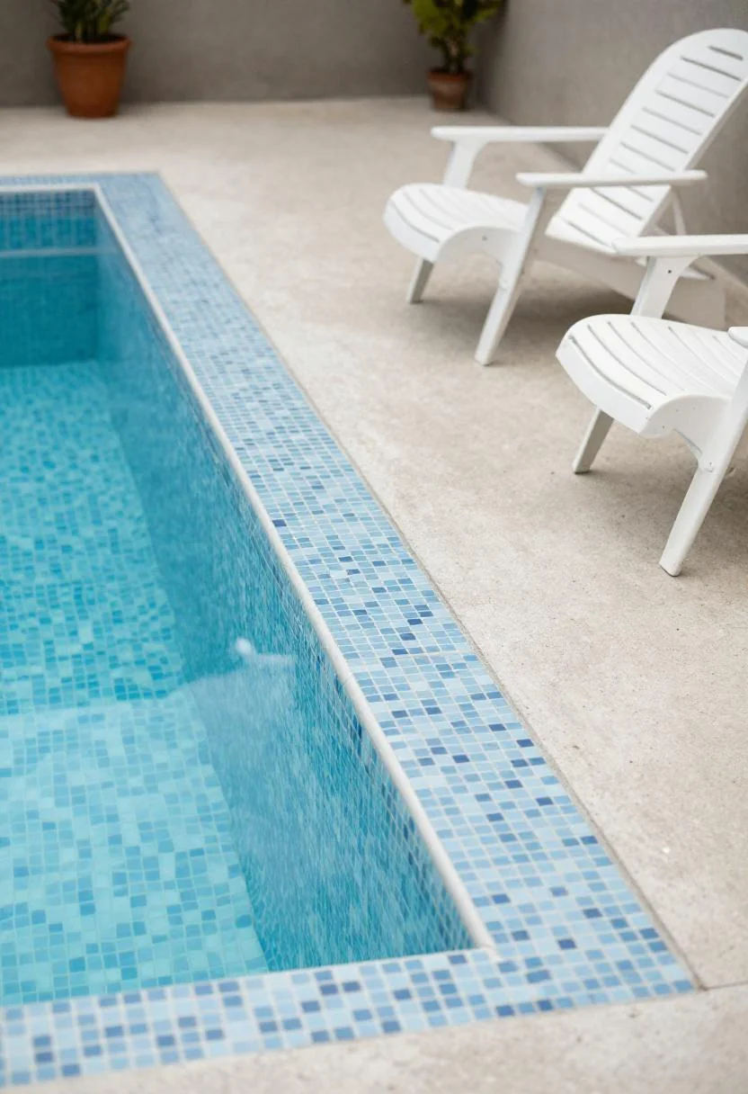 Cool blue mosaic tile border on a concrete pool surround with white resin chairs