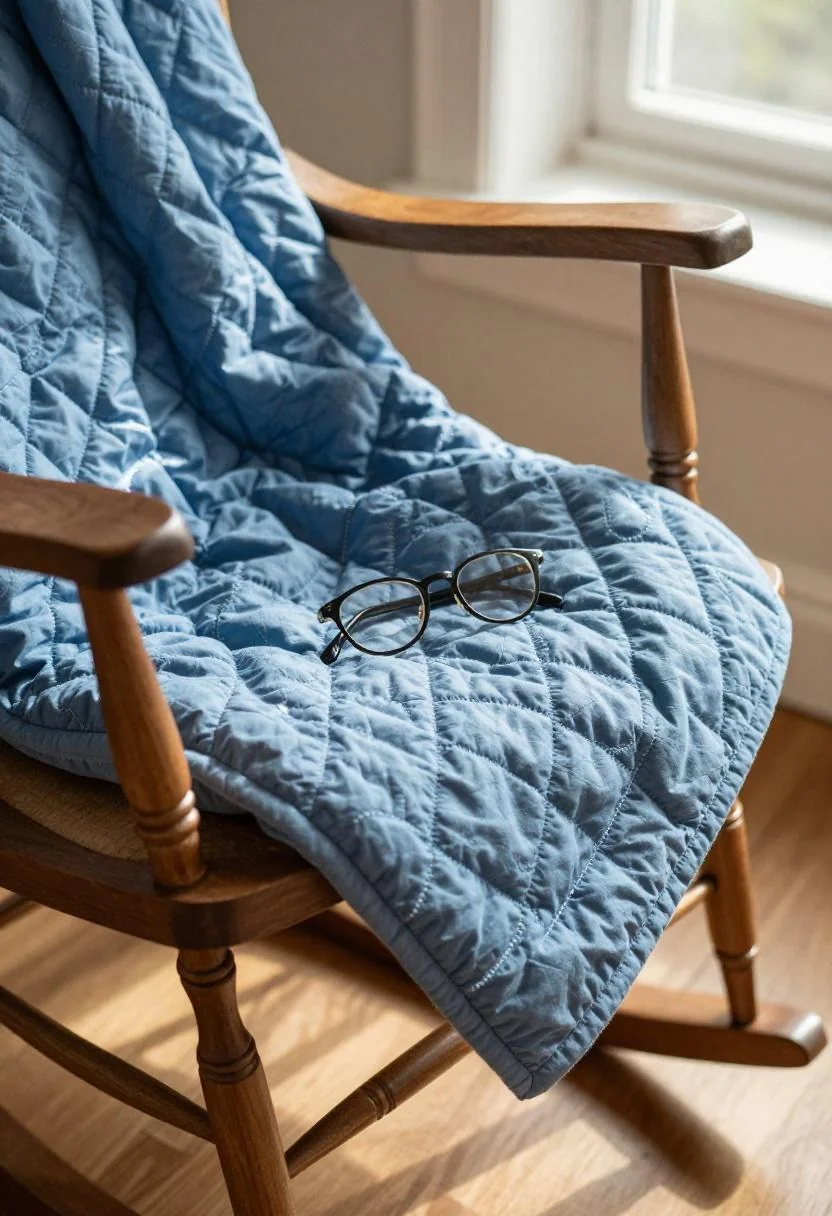 Cool blue hand-stitched quilt draped over a walnut rocking chair by a window