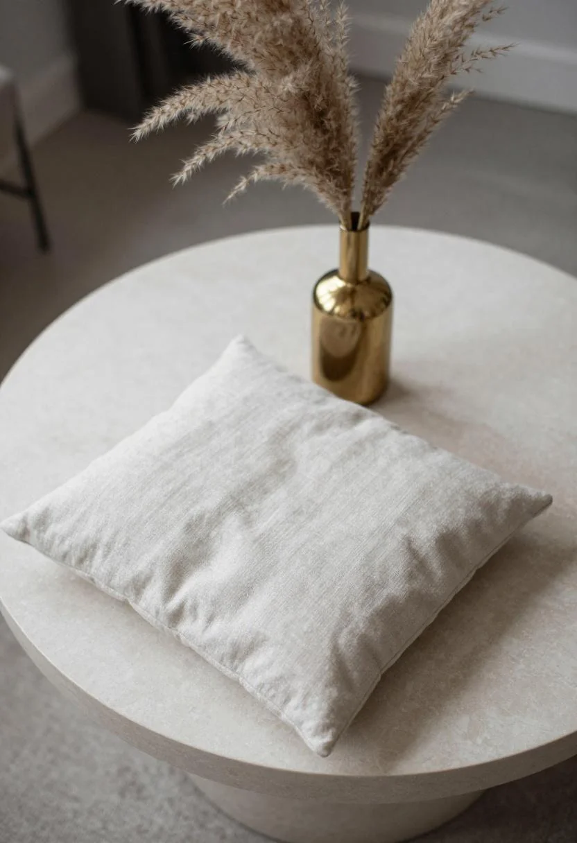 Travertine coffee table with a plum floor cushion and brass bud vase from above