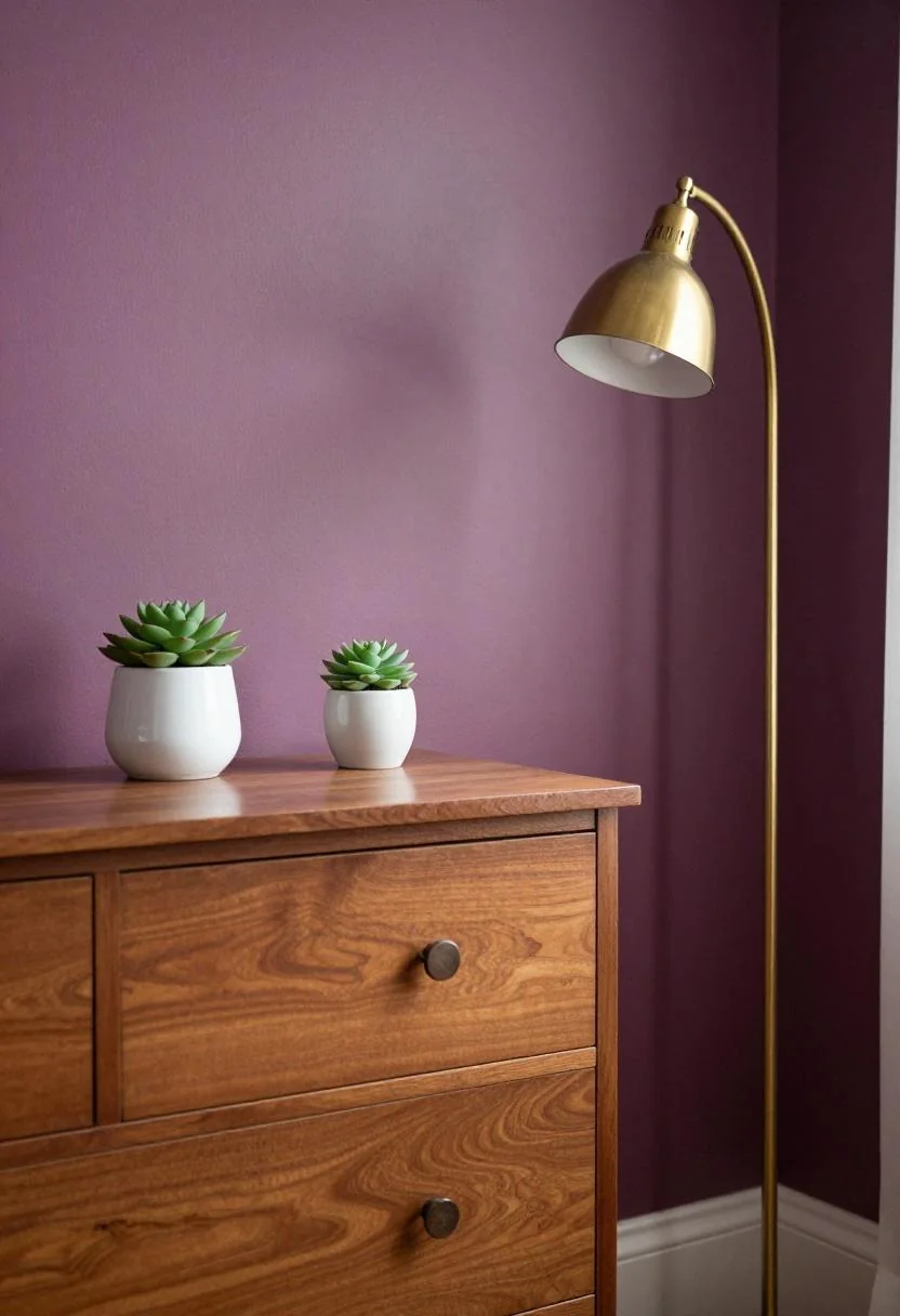 Walnut dresser against a plum noir accent wall with a brass arc lamp in evening light