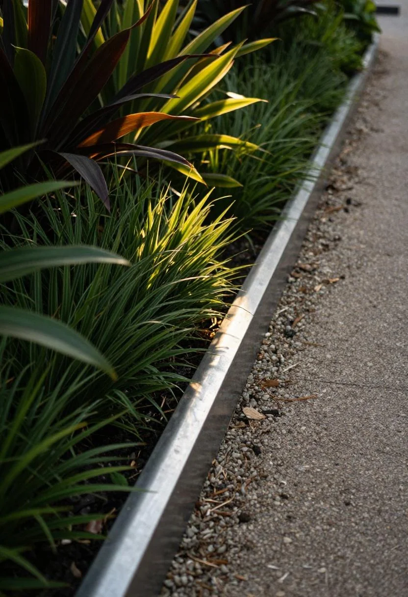 Corten steel edging strip dividing tropical ground cover from a gravel garden path