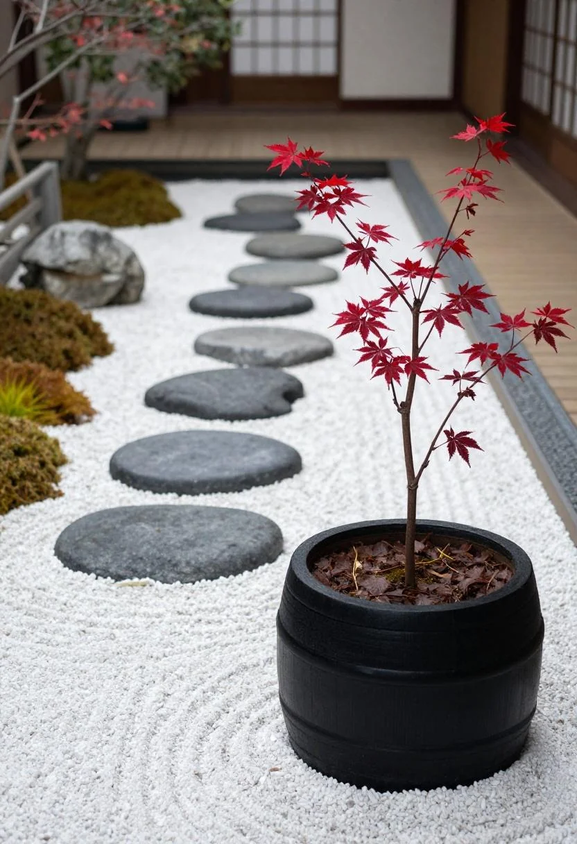 Plum noir Japanese maple anchoring a blackened cedar half barrel in a raked zen garden