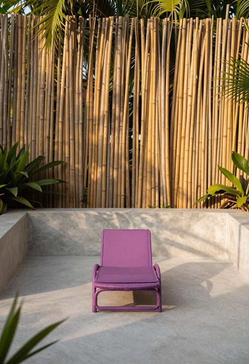 Plum rattan lounger on a tropical concrete patio with bamboo privacy screen at golden hour