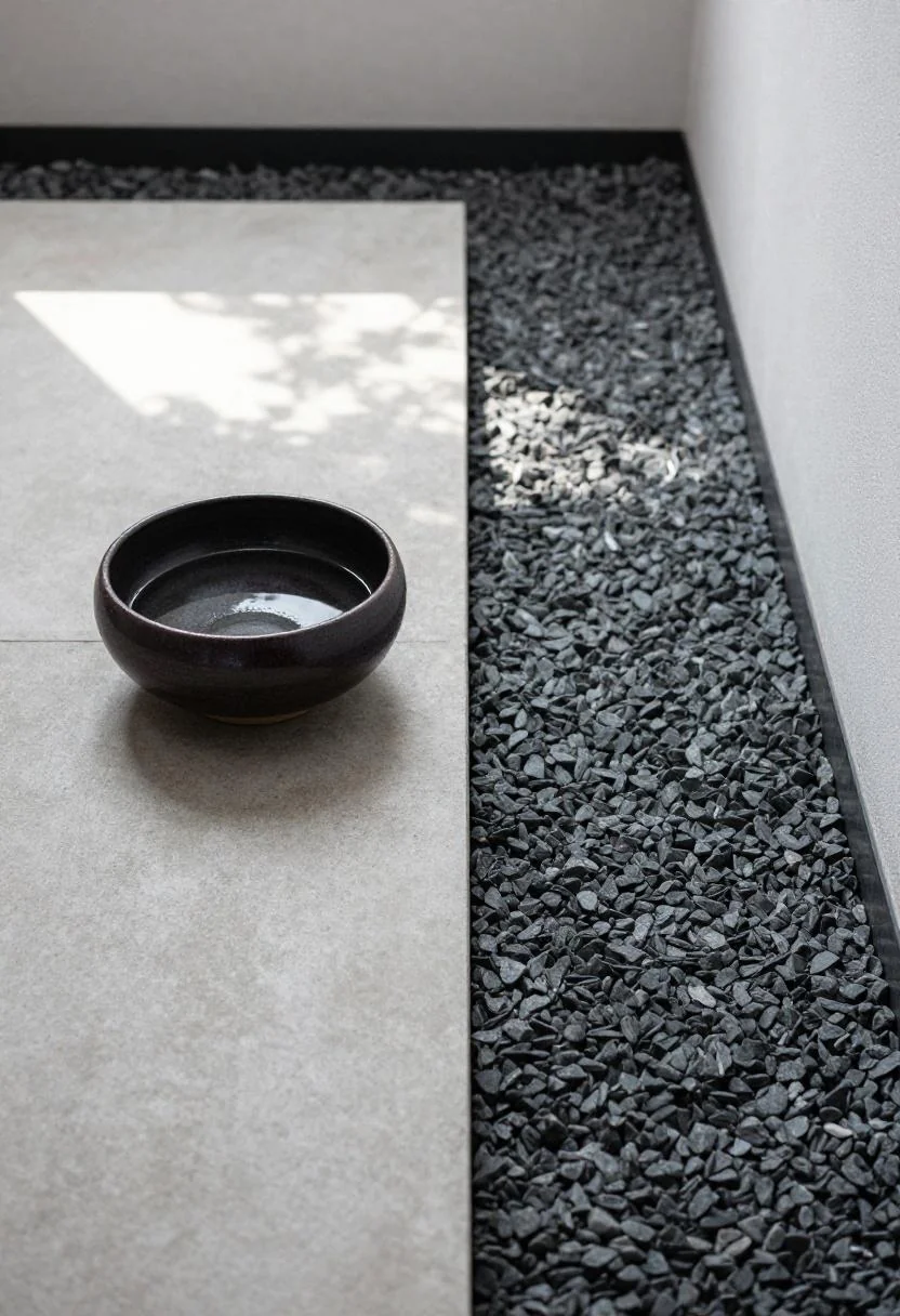 Plum ceramic bowl water feature beside granite gravel on a zen pool deck in morning light