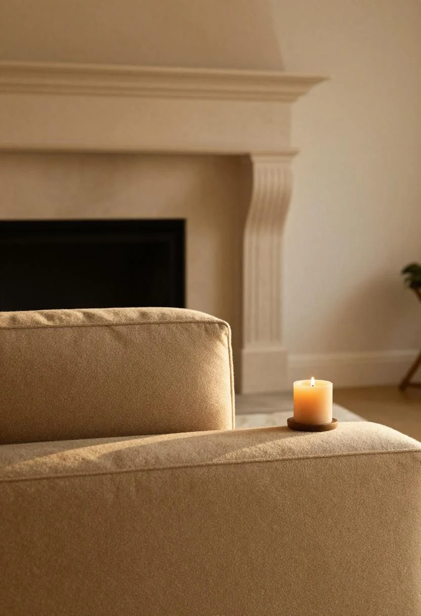 Plum noir wool sofa facing a stone fireplace with beeswax candle glowing softly