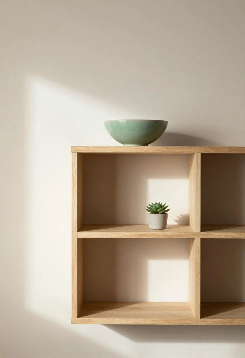 Oak shelving unit with a jade stoneware bowl and succulent in diffused morning light