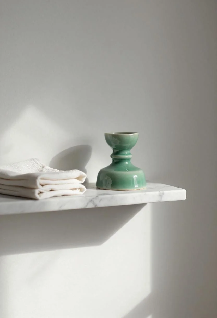 Marble wall shelf with a jade green ceramic candle holder in soft morning light
