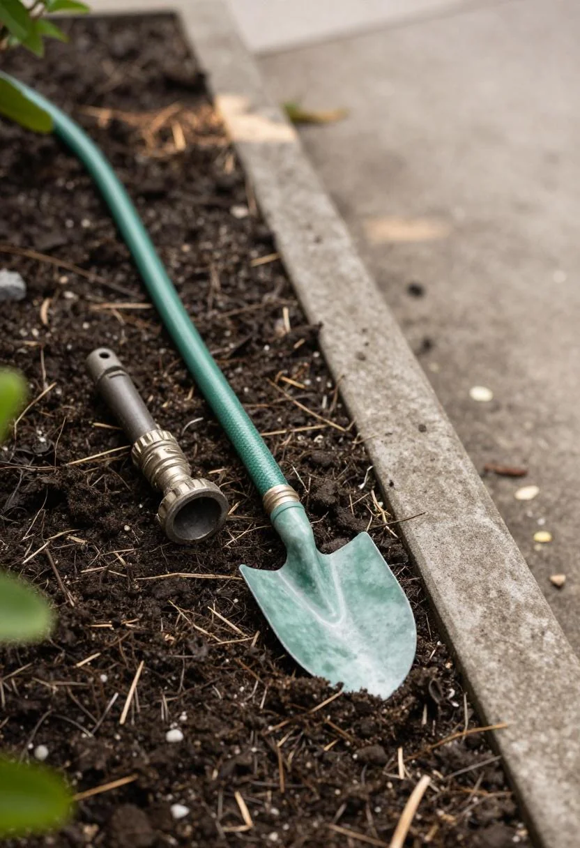 Jade garden hose used as a curved guide while edging a flower bed with a flat spade