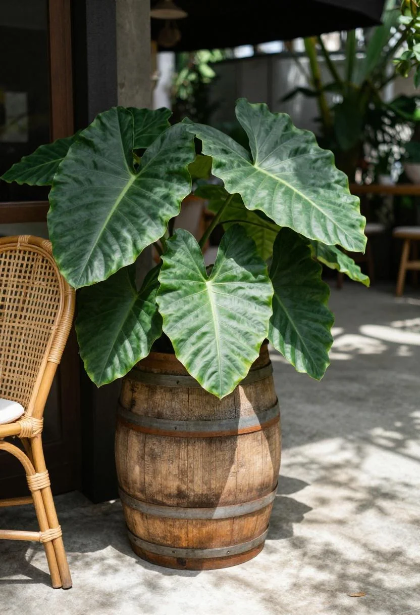 Jade green elephant ear leaves spilling from a bleached pine half barrel on a tropical concrete patio