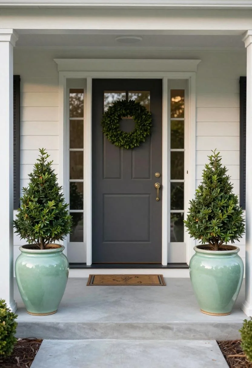 Jade glazed boxwood pots flanking a clear front porch concrete pad in morning light