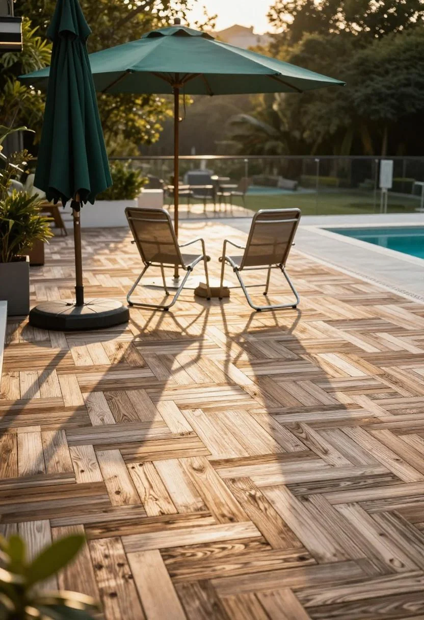 Jade canvas umbrella over folding steel chairs on eucalyptus tile balcony deck at golden hour