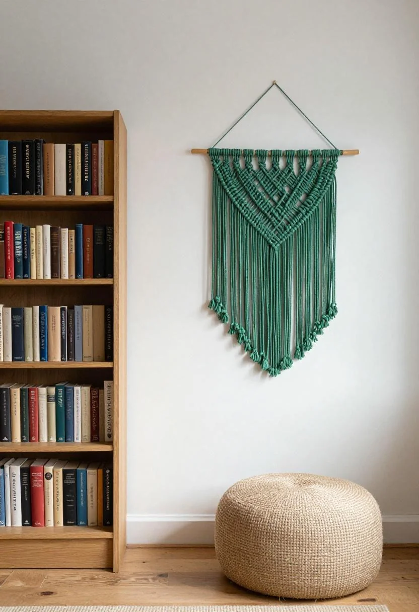 Jade green macramé wall hanging above a jute ottoman with an oak bookshelf in the background