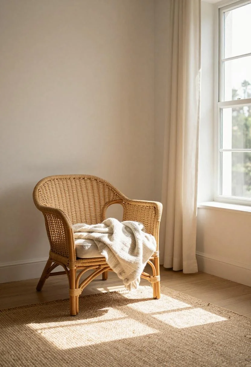 Rattan armchair with a wasabi cotton throw on a jute rug in afternoon sun