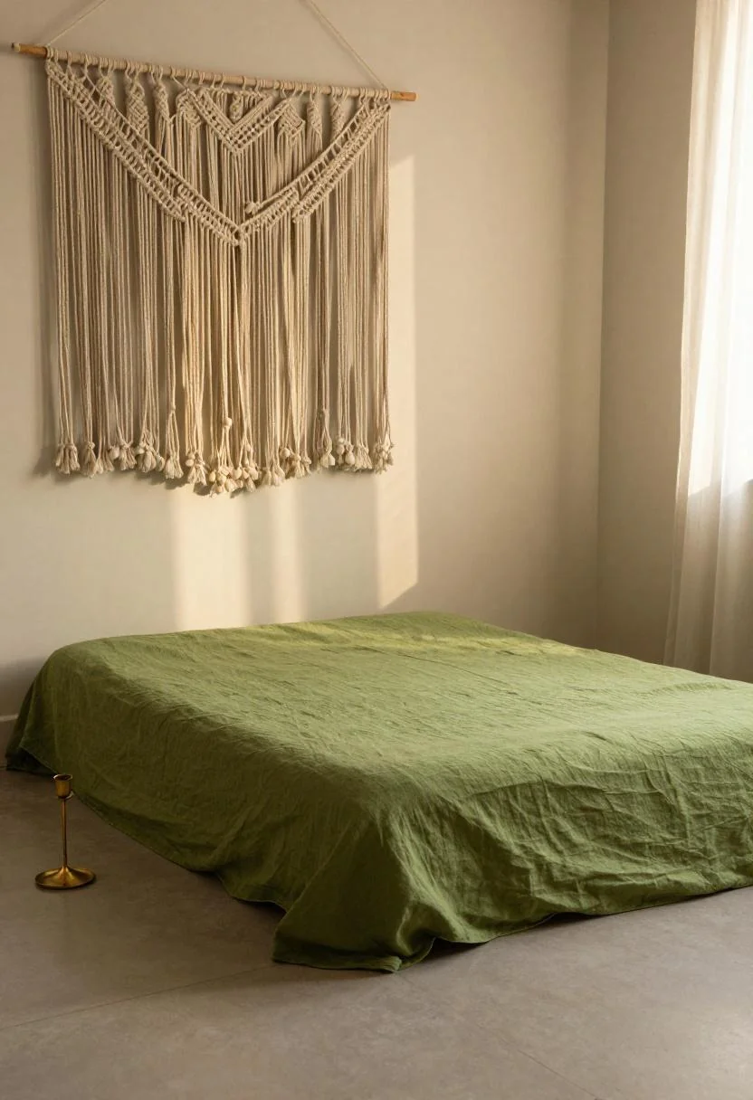 Bohemian floor mattress with wasabi linen and a macramé wall hanging in afternoon light
