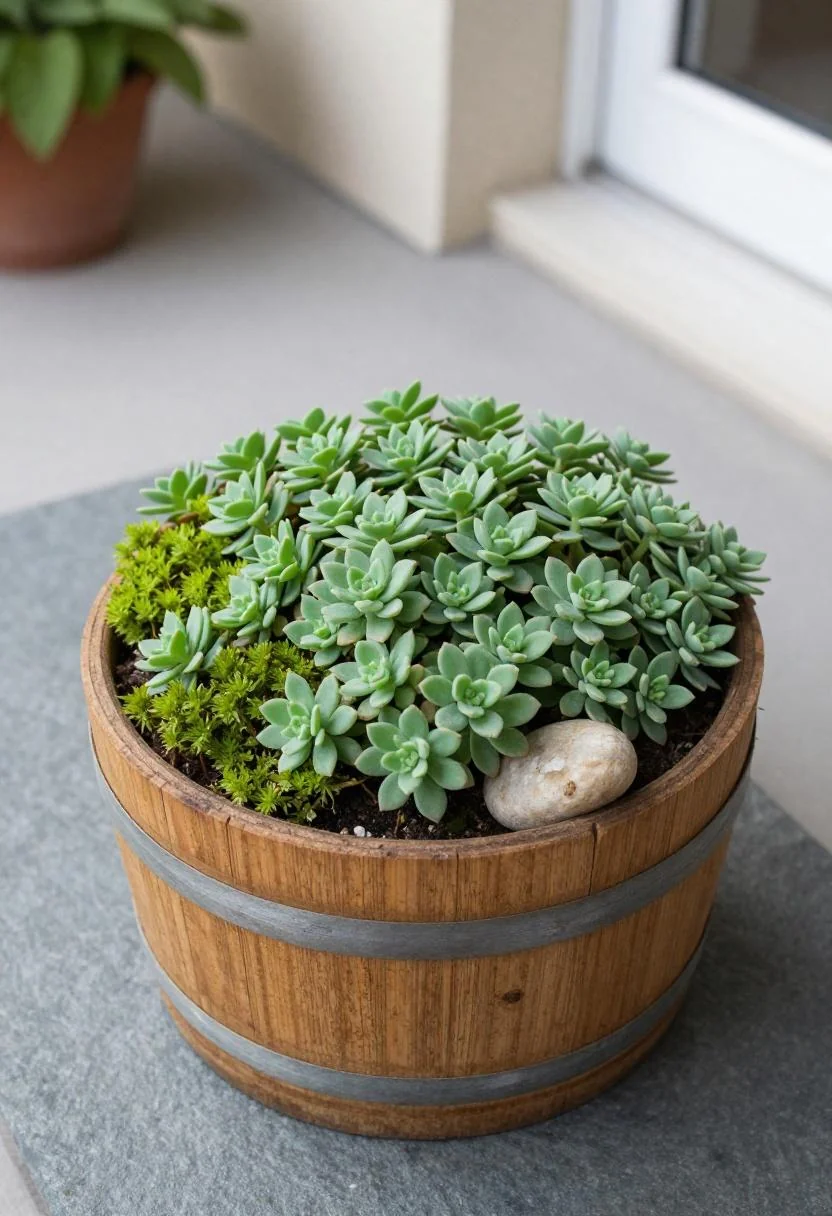 Wasabi sedum and chartreuse moss packed into an oak half barrel on a slate balcony, overhead view