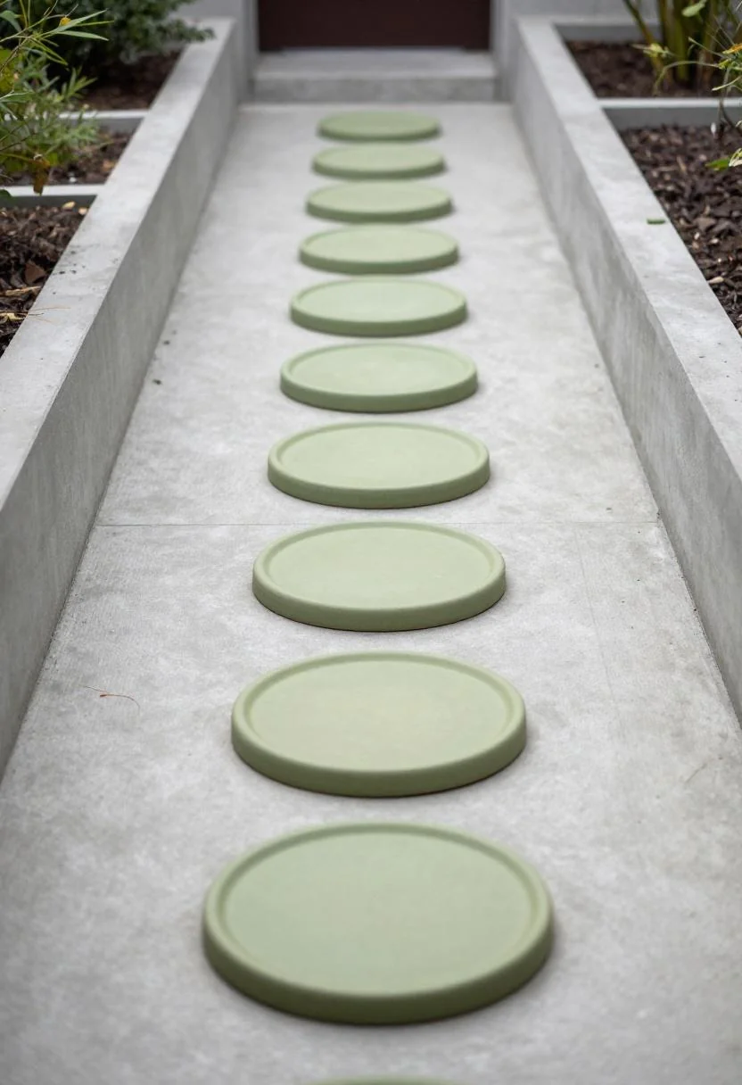 Overhead view of wasabi ceramic stepping discs set into a broom-finish concrete garden path