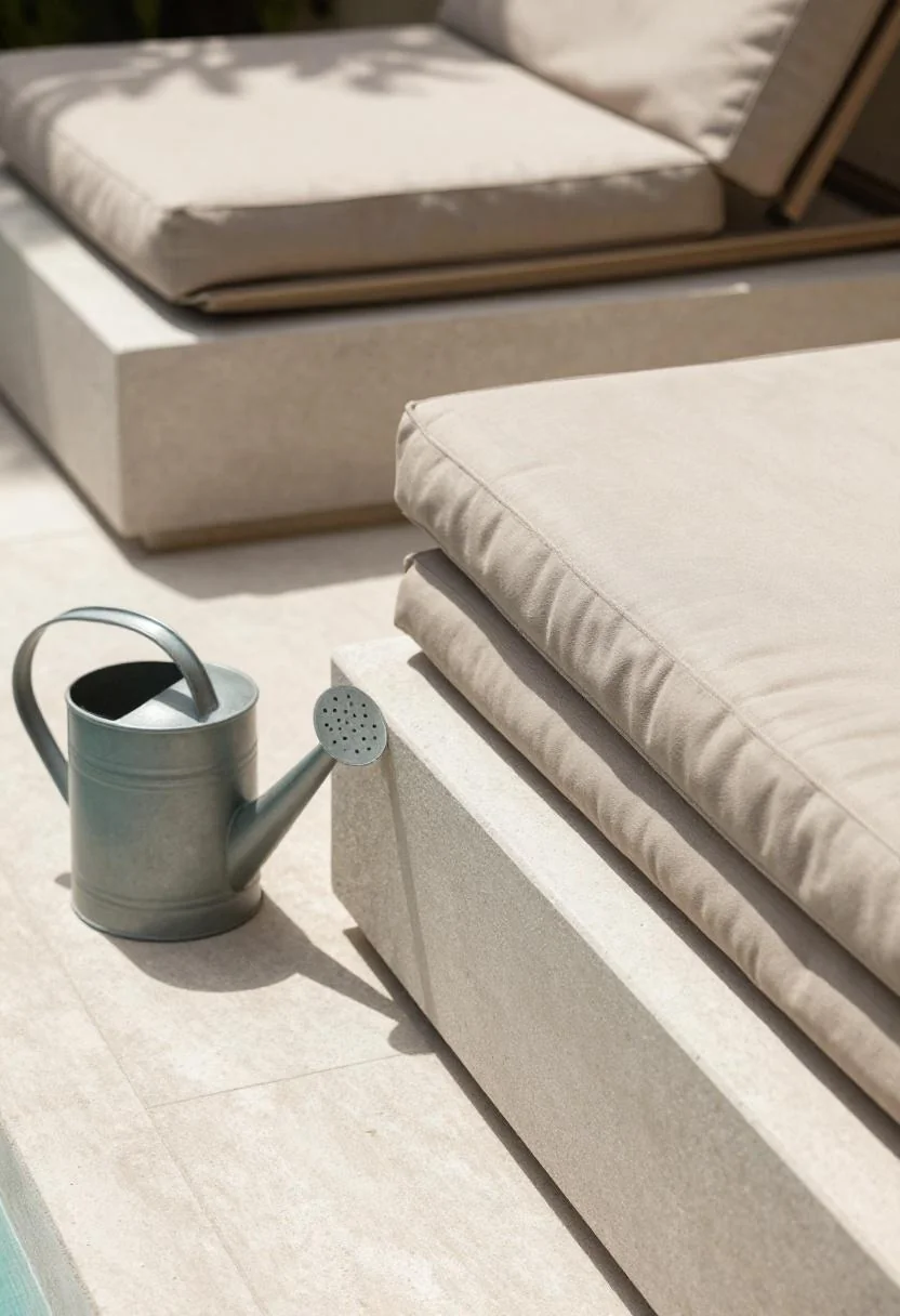 Wasabi cushions stacked on a concrete bench beside a watering can in midday pool deck shade