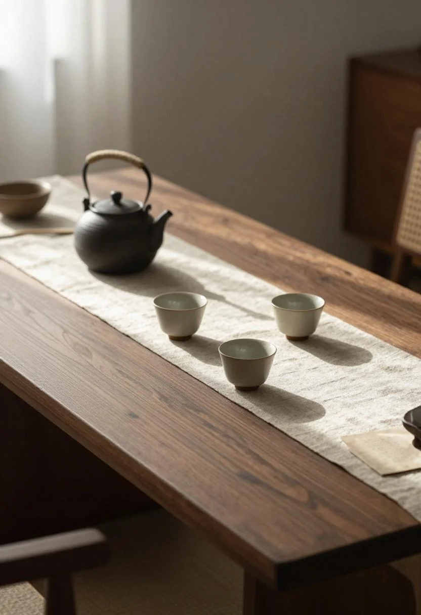 Pine coffee table with a wasabi linen runner and a carefully arranged ceramic tea set