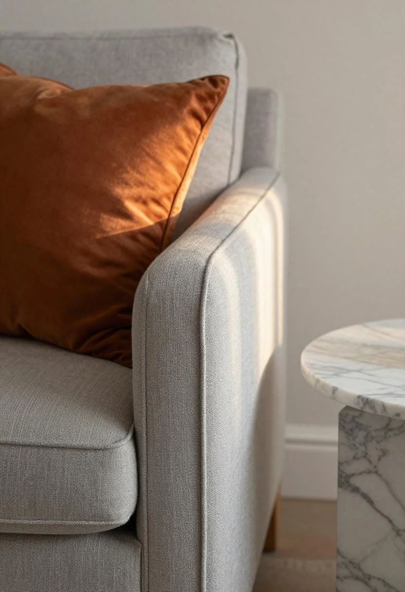 Persimmon silk cushion on a grey linen sofa arm with golden hour backlight
