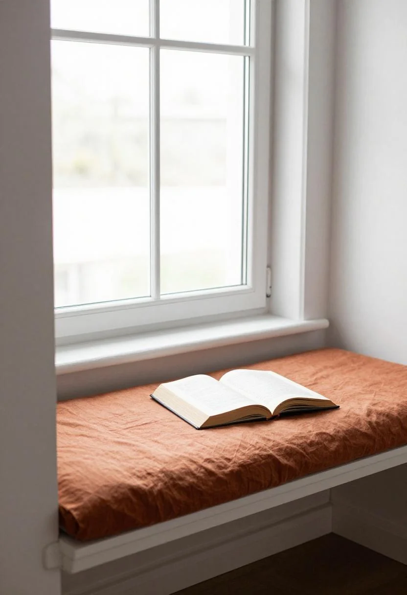 Persimmon linen window seat with an open book in bright midday window light