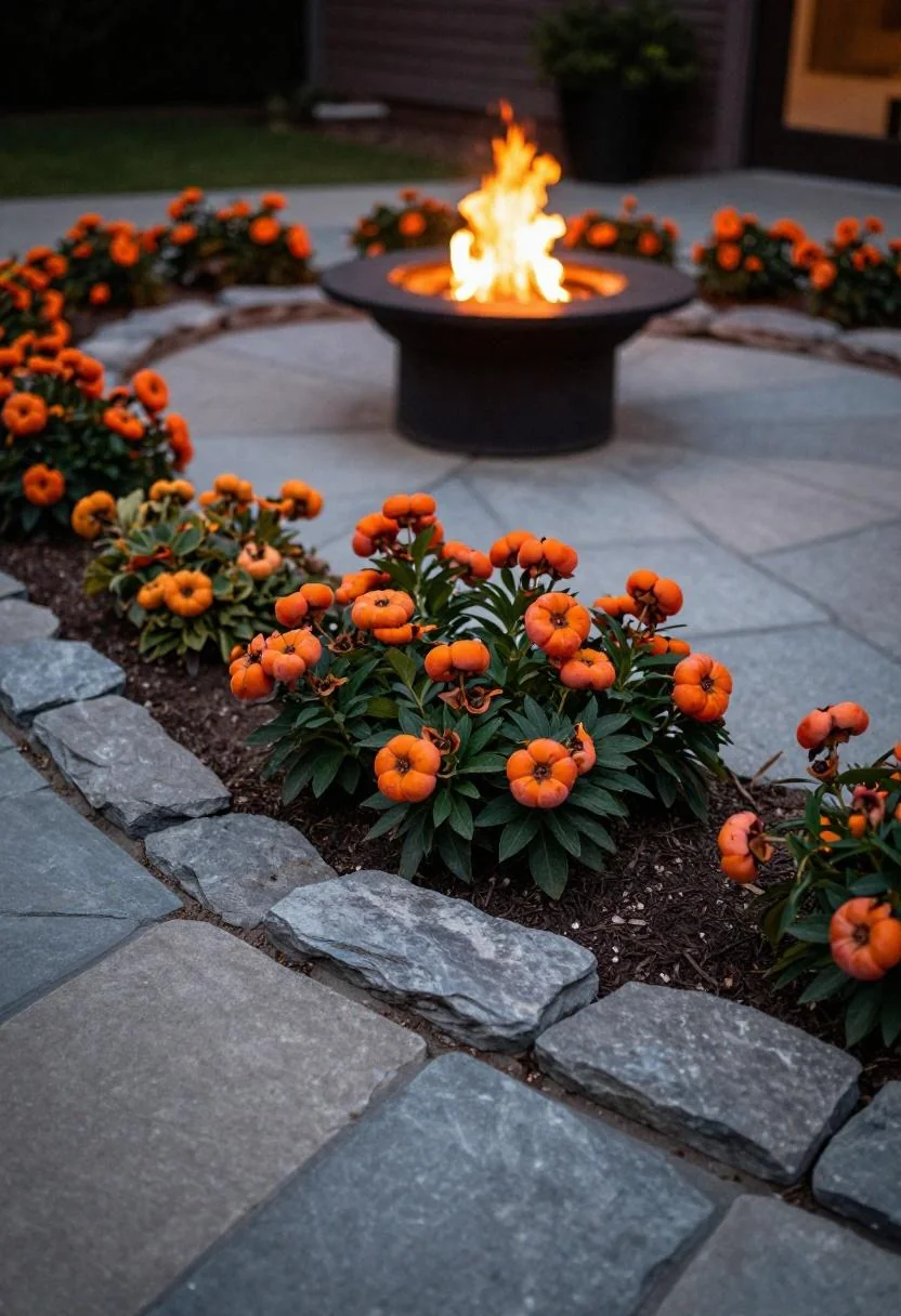 Terracotta half-round edging tiles lining a foundation flower bed with a trowel at rest