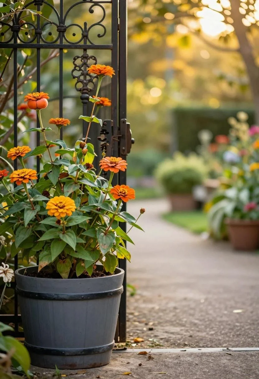 Persimmon zinnias crowning a pine half barrel at the entrance to a wrought-iron garden gate