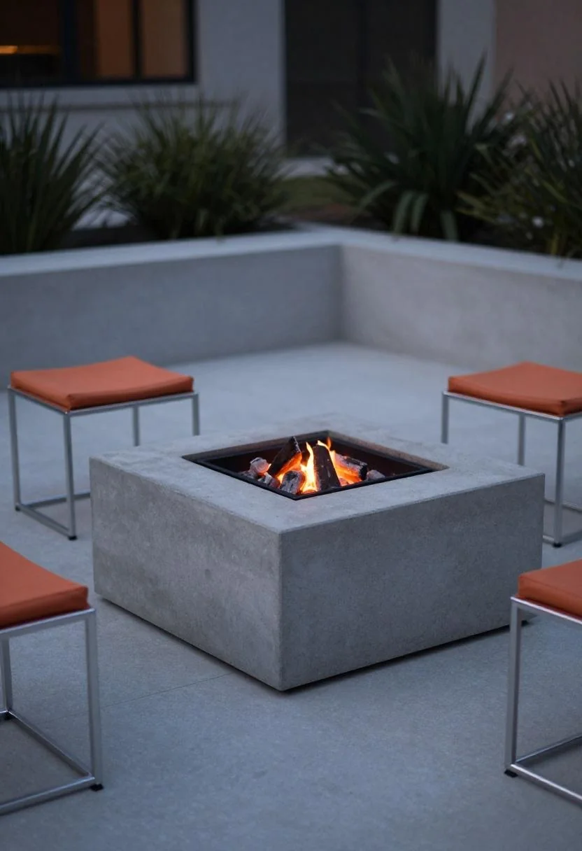 Steel stools with persimmon seats circling a square concrete fire pit glowing at dusk