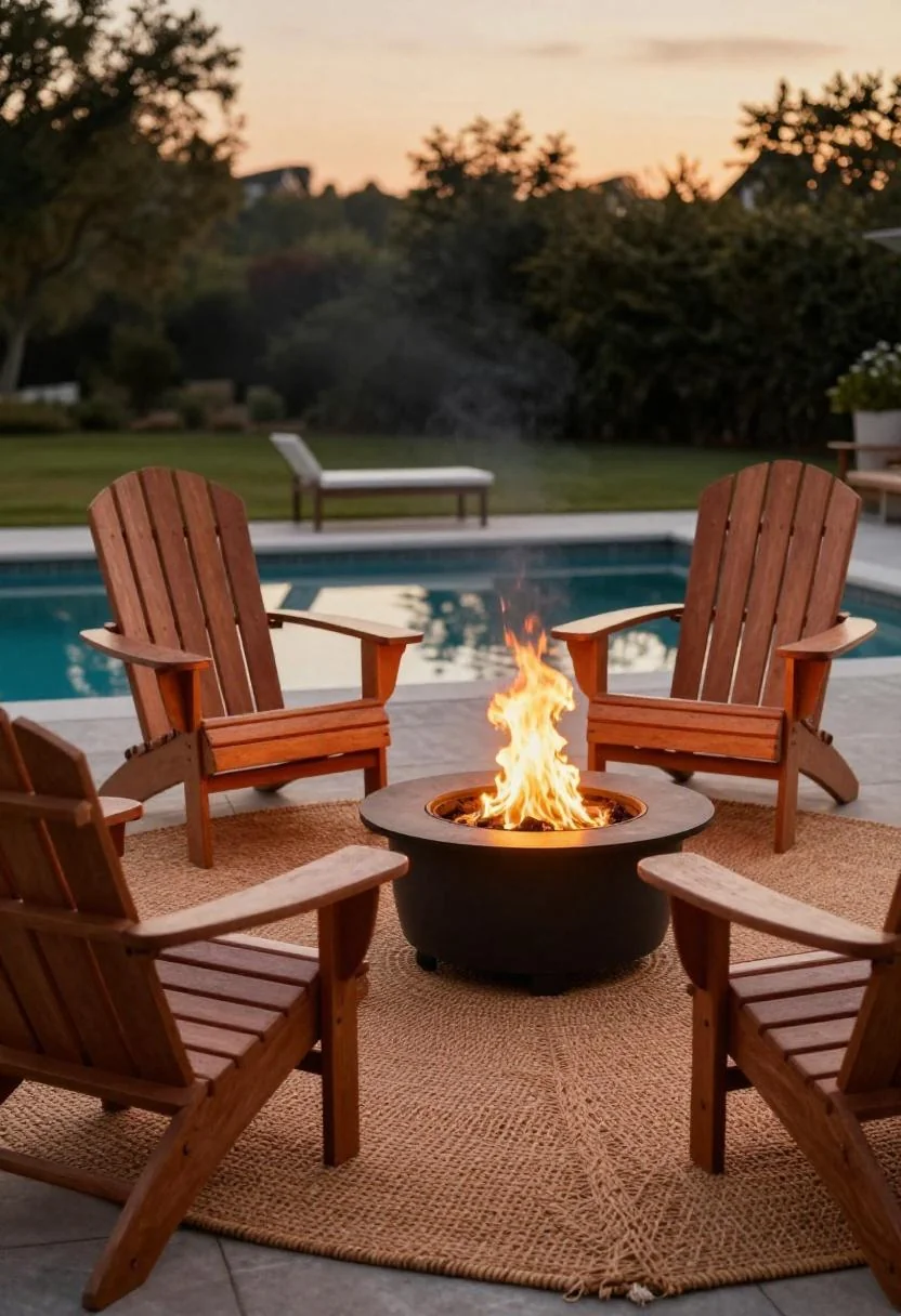 Persimmon woven rug anchoring teak chairs around a fire pit on a pool deck at dusk